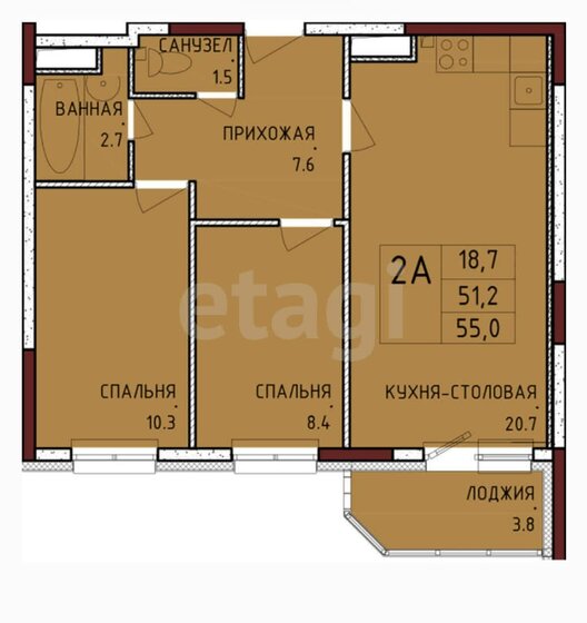 55 м², 2-комнатная квартира 5 700 000 ₽ - изображение 1