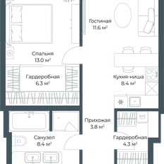 Квартира 55,8 м², 1-комнатная - изображение 2