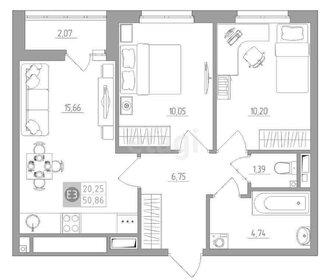 Квартира 53 м², 2-комнатная - изображение 2