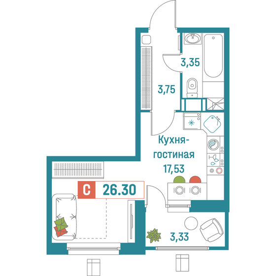 26,3 м², квартира-студия 5 572 970 ₽ - изображение 35