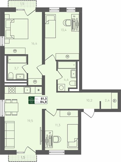 84,3 м², 3-комнатная квартира 9 490 000 ₽ - изображение 1