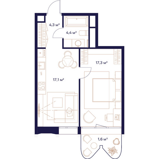 44,7 м², 1-комнатная квартира 23 444 000 ₽ - изображение 1