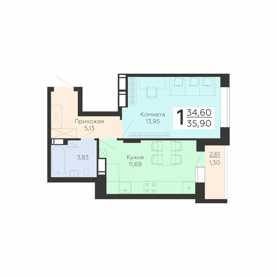 35,9 м², 1-комнатная квартира 3 733 600 ₽ - изображение 1