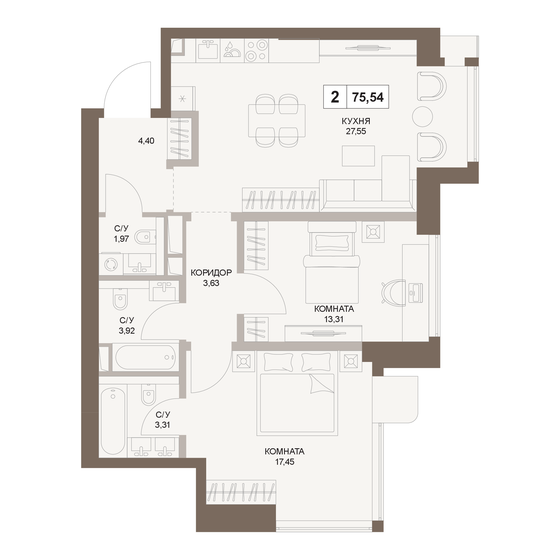 75,5 м², 2-комнатная квартира 36 666 060 ₽ - изображение 1