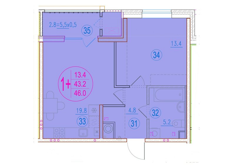 46 м², 1-комнатная квартира 7 038 000 ₽ - изображение 1