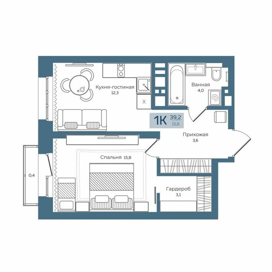 39,1 м², 1-комнатная квартира 7 600 000 ₽ - изображение 1