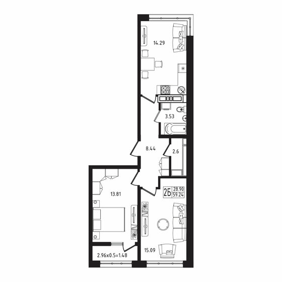 59,2 м², 2-комнатная квартира 6 753 360 ₽ - изображение 1