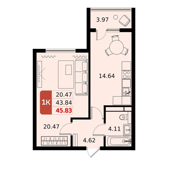 45,8 м², 1-комнатная квартира 7 355 715 ₽ - изображение 1