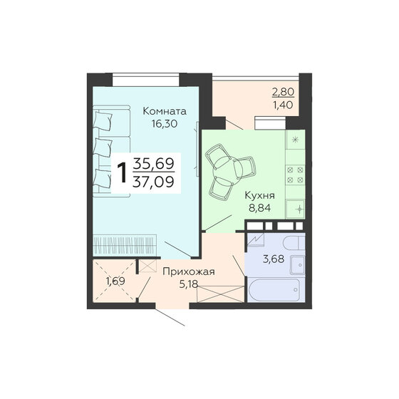 37,1 м², 1-комнатная квартира 4 932 970 ₽ - изображение 7