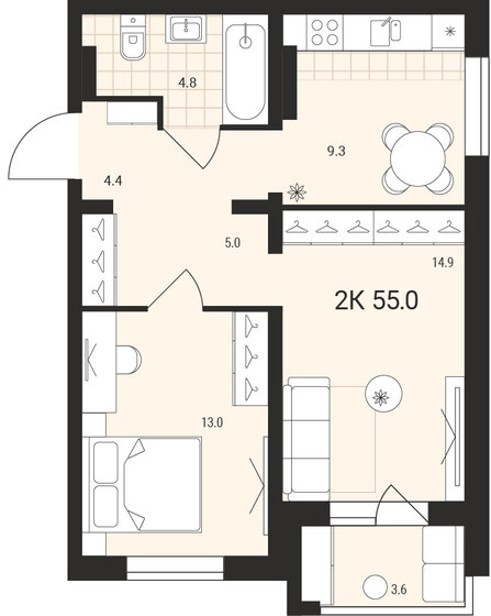 55 м², 2-комнатная квартира 5 040 000 ₽ - изображение 1