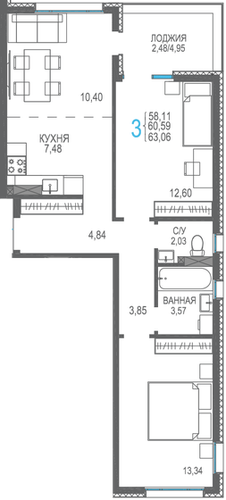 60,6 м², 3-комнатная квартира 10 300 300 ₽ - изображение 1