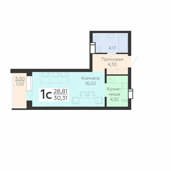 30,3 м², 1-комнатная квартира 3 182 550 ₽ - изображение 1