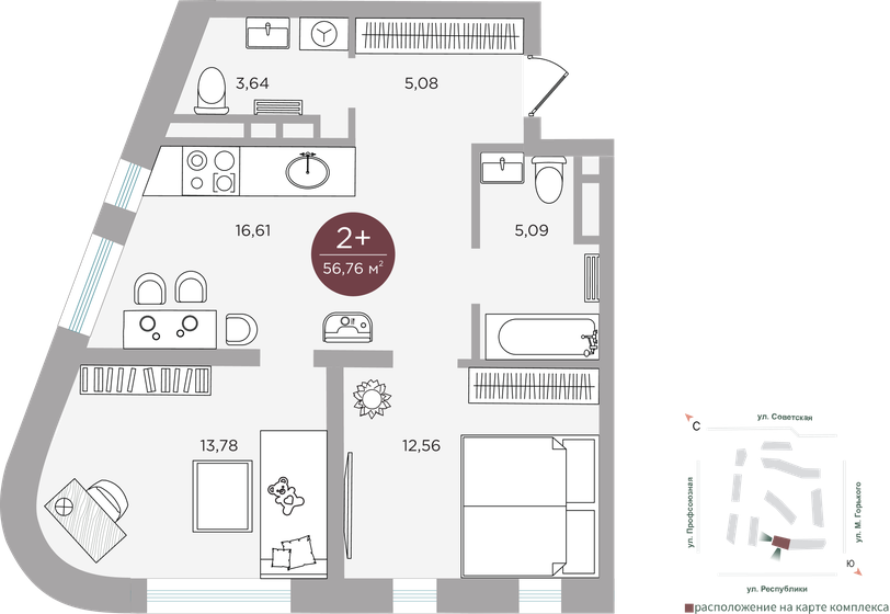 56,8 м², 2-комнатная квартира 11 910 000 ₽ - изображение 1