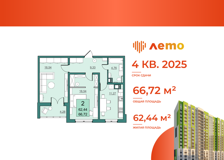 62,4 м², 2-комнатная квартира 5 307 400 ₽ - изображение 1