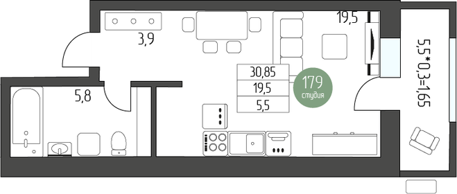 Квартира 34,4 м², студия - изображение 1