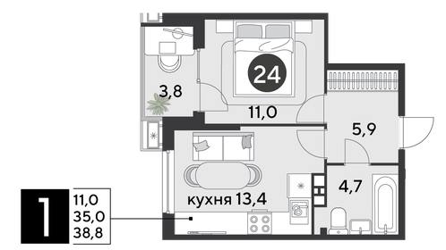 38,8 м², 1-комнатная квартира 6 933 560 ₽ - изображение 7