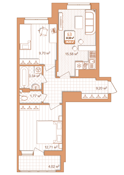52,5 м², 2-комнатная квартира 7 603 200 ₽ - изображение 1