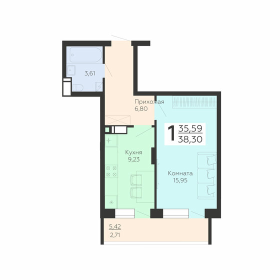 38,3 м², 1-комнатная квартира 3 887 450 ₽ - изображение 1