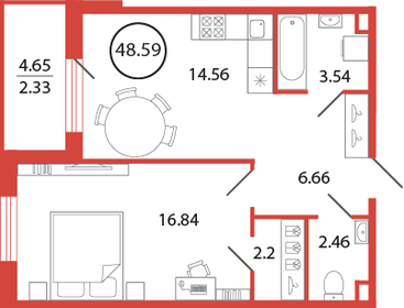 Квартира 48,6 м², 1-комнатная - изображение 1