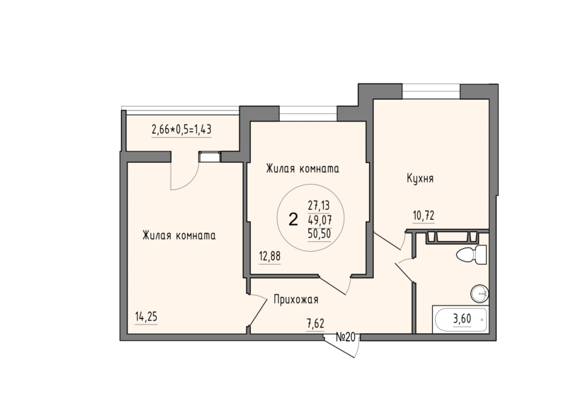 50,5 м², 2-комнатная квартира 5 681 250 ₽ - изображение 1