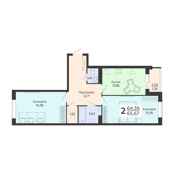 65,7 м², 2-комнатная квартира 7 880 400 ₽ - изображение 1