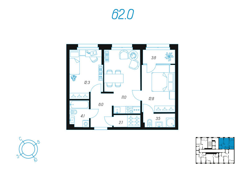 62 м², 2-комнатная квартира 10 242 098 ₽ - изображение 1