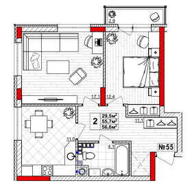 Квартира 56,6 м², 2-комнатная - изображение 1