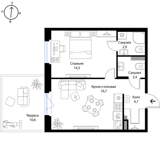 44,2 м², 2-комнатная квартира 7 514 000 ₽ - изображение 1