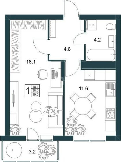 38,8 м², 1-комнатная квартира 3 682 000 ₽ - изображение 26