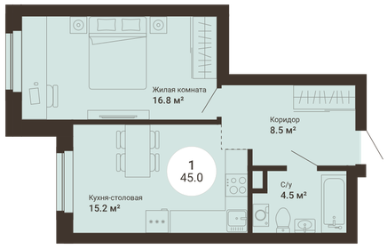 Квартира 45 м², 1-комнатная - изображение 1