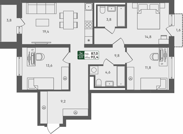 92,4 м², 3-комнатная квартира 10 130 000 ₽ - изображение 1