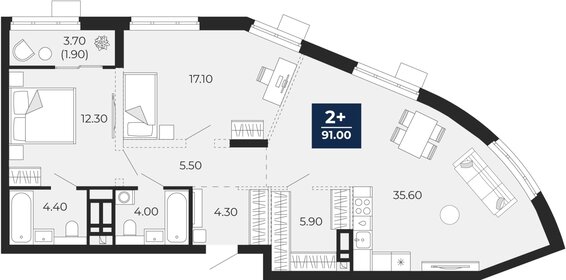 Квартира 91 м², 2-комнатная - изображение 1