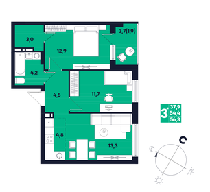 Квартира 56,3 м², 3-комнатная - изображение 1