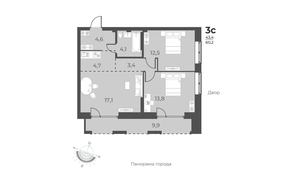 60,2 м², 3-комнатная квартира 9 050 000 ₽ - изображение 1