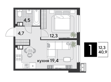 Квартира 40,9 м², 1-комнатная - изображение 2