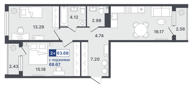 Квартира 63,7 м², 2-комнатная - изображение 1
