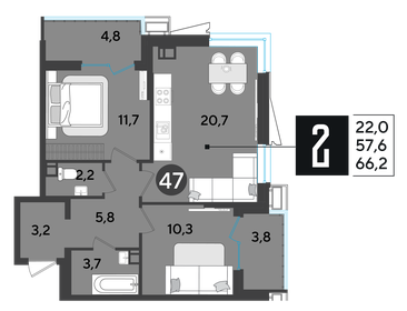 67,6 м², 2-комнатная квартира 8 389 160 ₽ - изображение 18
