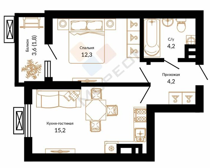 37,7 м², 1-комнатная квартира 4 500 000 ₽ - изображение 1