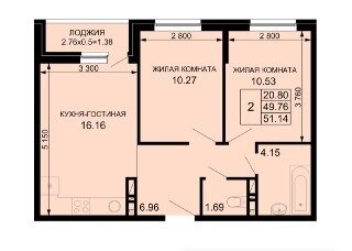 51,1 м², 2-комнатная квартира 6 900 000 ₽ - изображение 1