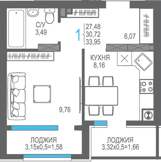 30,7 м², 1-комнатная квартира 10 694 250 ₽ - изображение 1