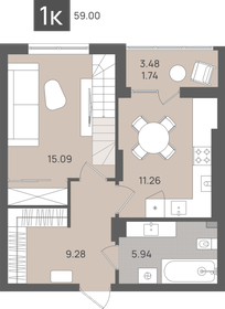 Квартира 59 м², 1-комнатная - изображение 1