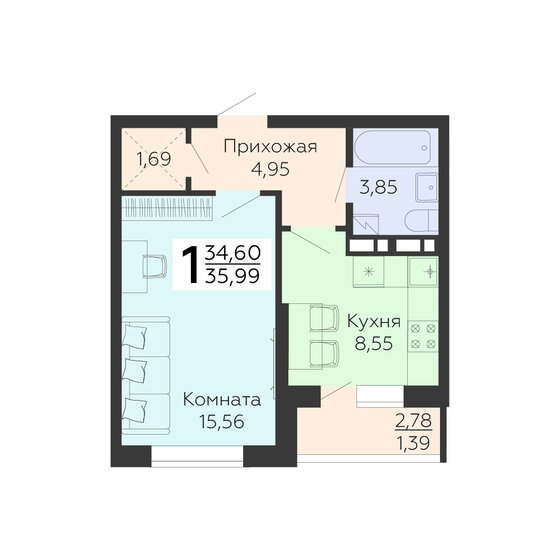 36 м², 1-комнатная квартира 4 930 630 ₽ - изображение 1
