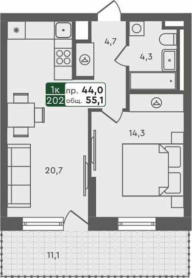 55,1 м², 1-комнатная квартира 5 230 000 ₽ - изображение 1