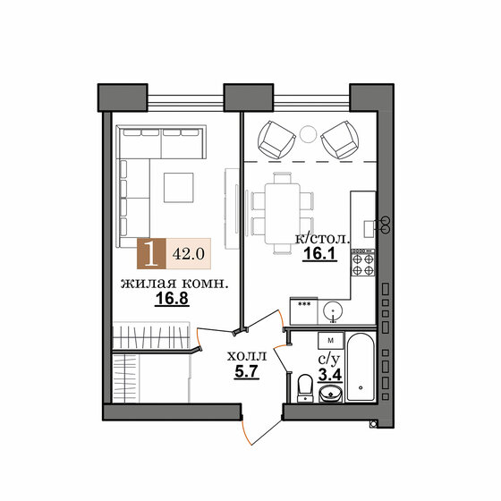 42 м², 1-комнатная квартира 4 410 000 ₽ - изображение 1