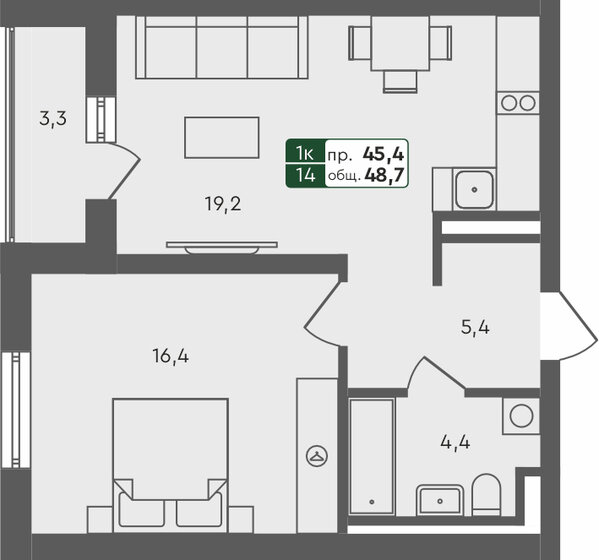 48,7 м², 1-комнатная квартира 5 890 000 ₽ - изображение 1
