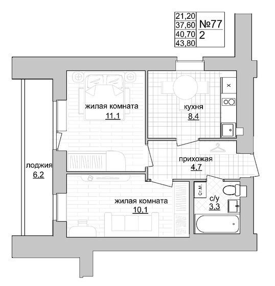 40,7 м², 2-комнатная квартира 6 105 000 ₽ - изображение 1