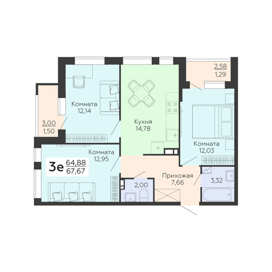 67,7 м², 3-комнатная квартира 8 255 740 ₽ - изображение 1