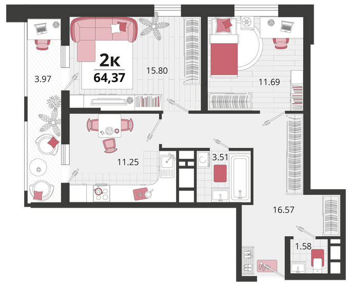 64,4 м², 2-комнатная квартира 9 867 921 ₽ - изображение 1