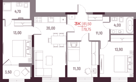 Квартира 79,8 м², 3-комнатная - изображение 1