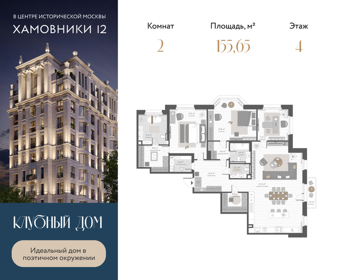 155,7 м², 2-комнатная квартира 309 027 200 ₽ - изображение 1